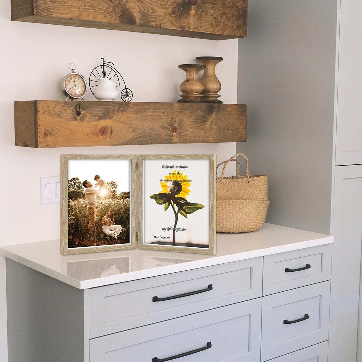 8x10 Picture Frames Double Hinged MDF Wood Wood Grain Shadow Box with Glass Front Stand Vertical on Tabletop
